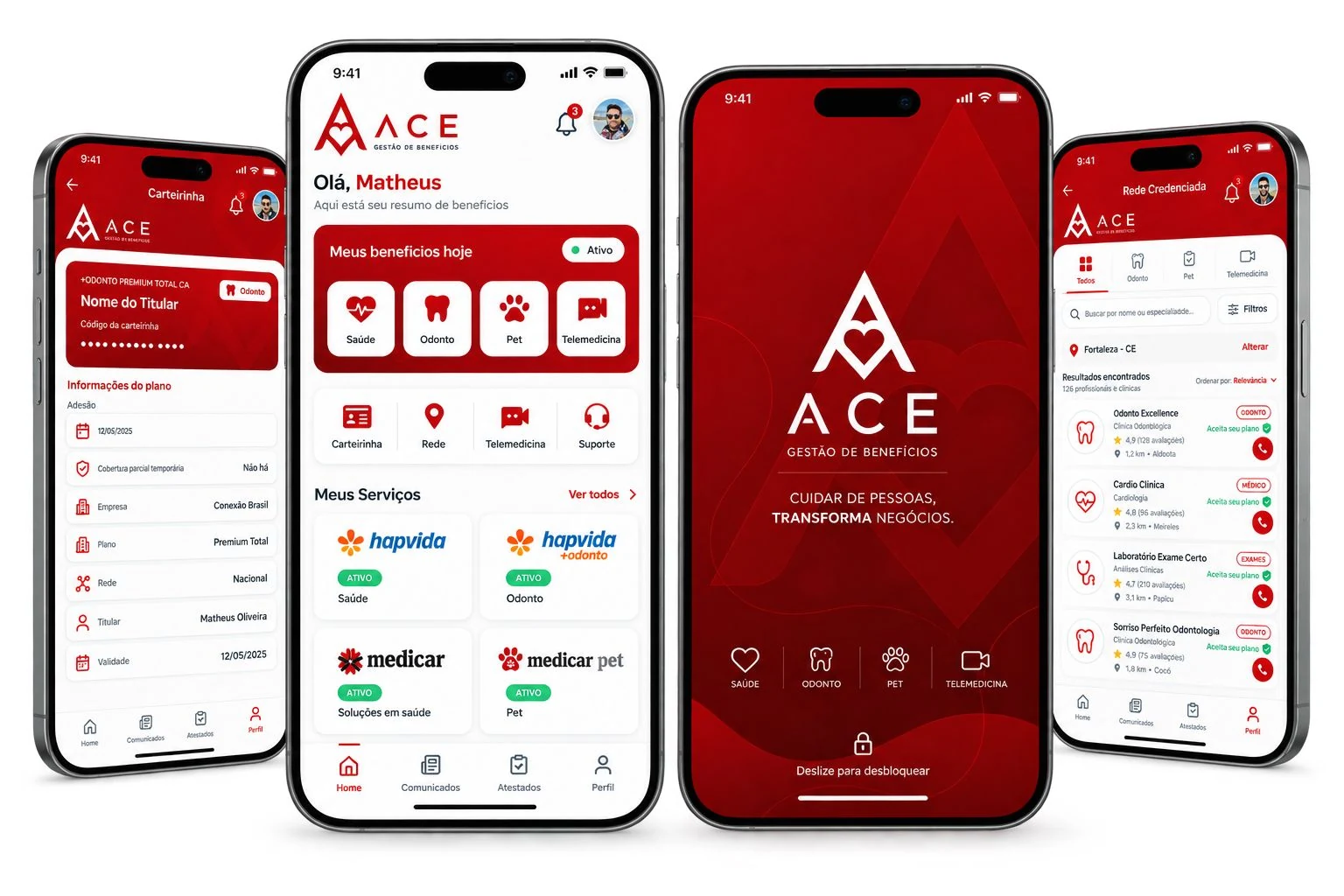 Quatro telas do app da ACE: carteirinha digital, resumo de benefícios com saúde, odonto, pet e telemedicina, tela de abertura e rede credenciada com busca por proximidade
