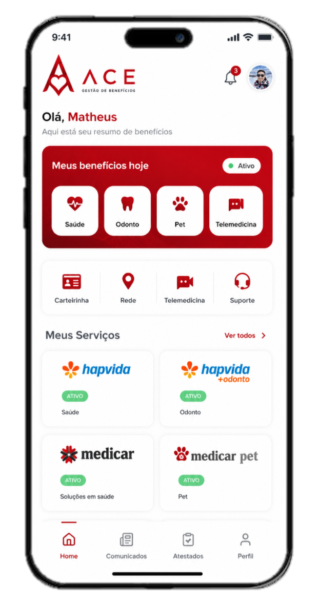 App do colaborador da ACE em um celular: resumo de benefícios, atalhos de carteirinha, rede, telemedicina e suporte