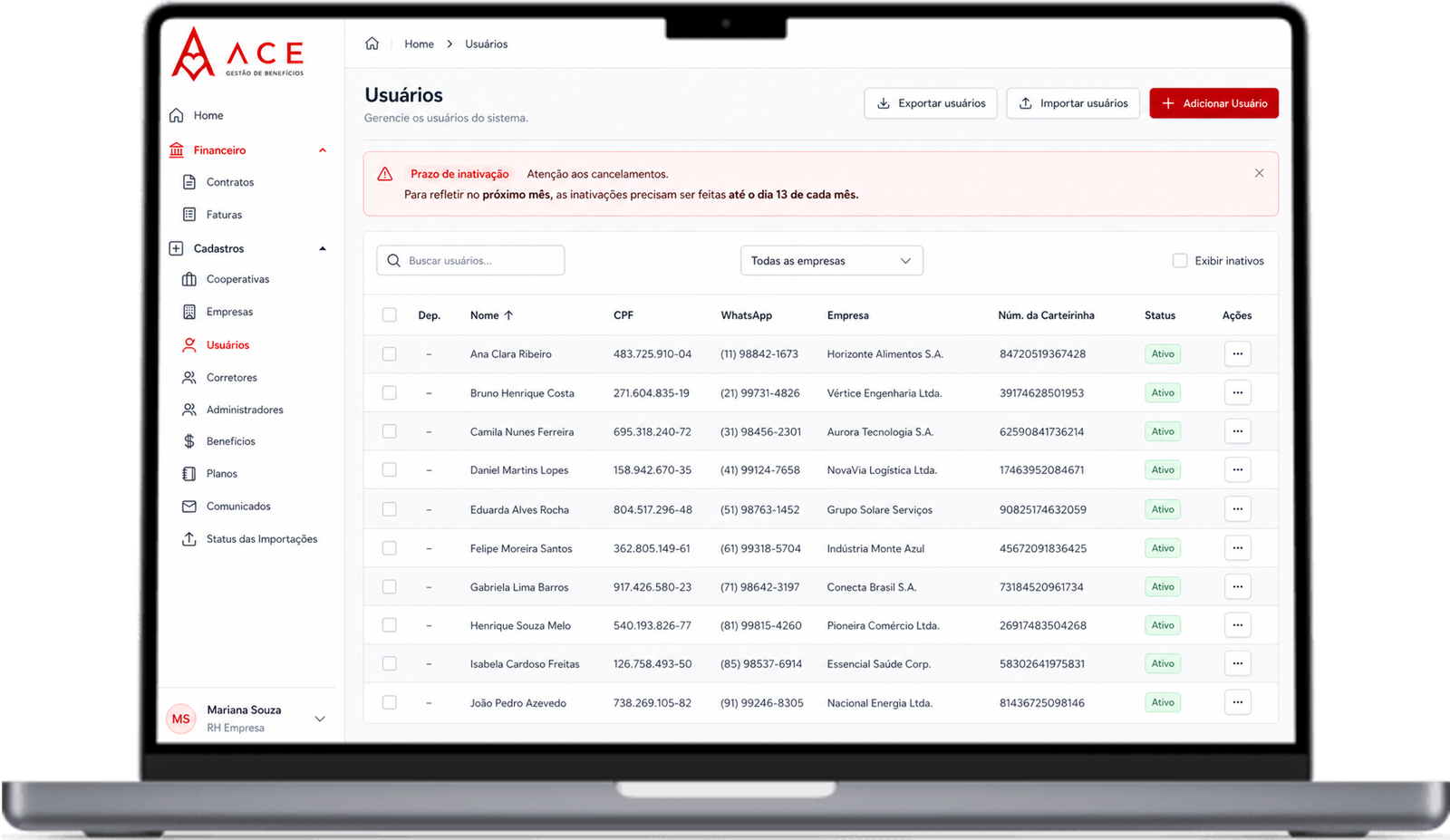 Portal de gestão da ACE: listagem de usuários com CPF, empresa, carteirinha e status