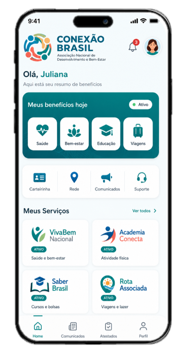 App com a marca da Conexão Brasil: benefícios de saúde, bem-estar, educação e viagens