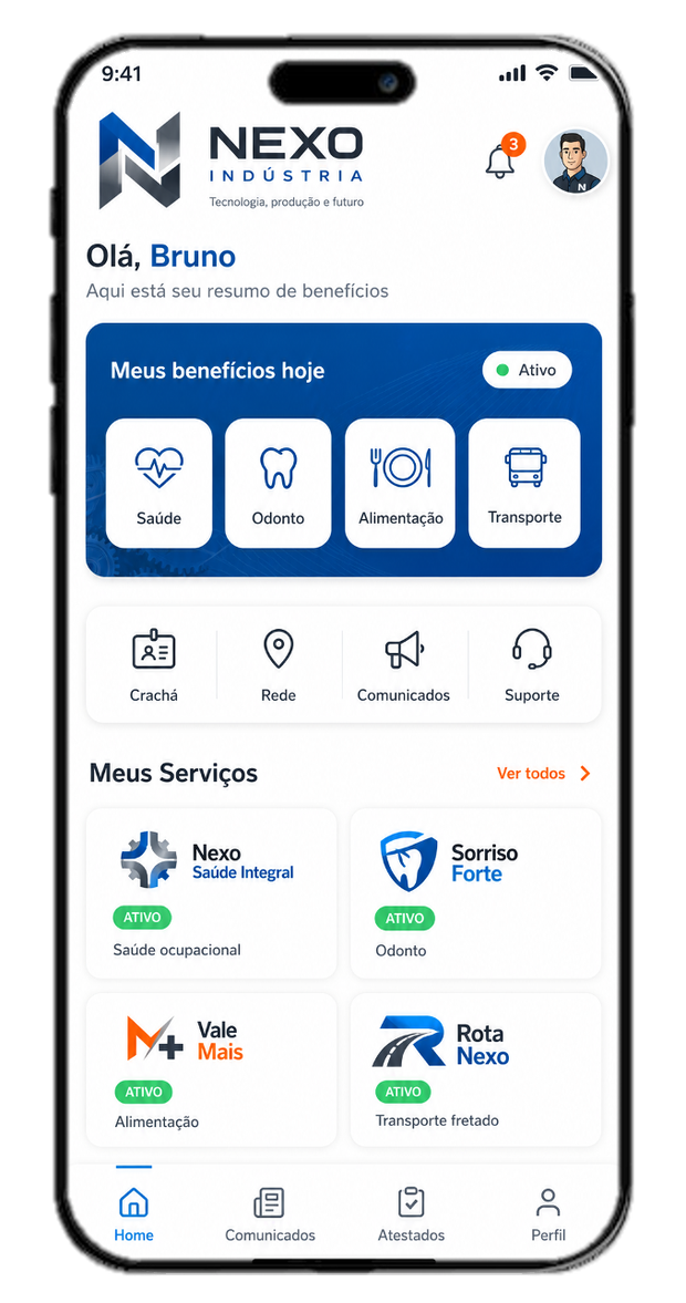 Mesmo app com a marca da Nexo Indústria: saúde, odonto, alimentação e transporte