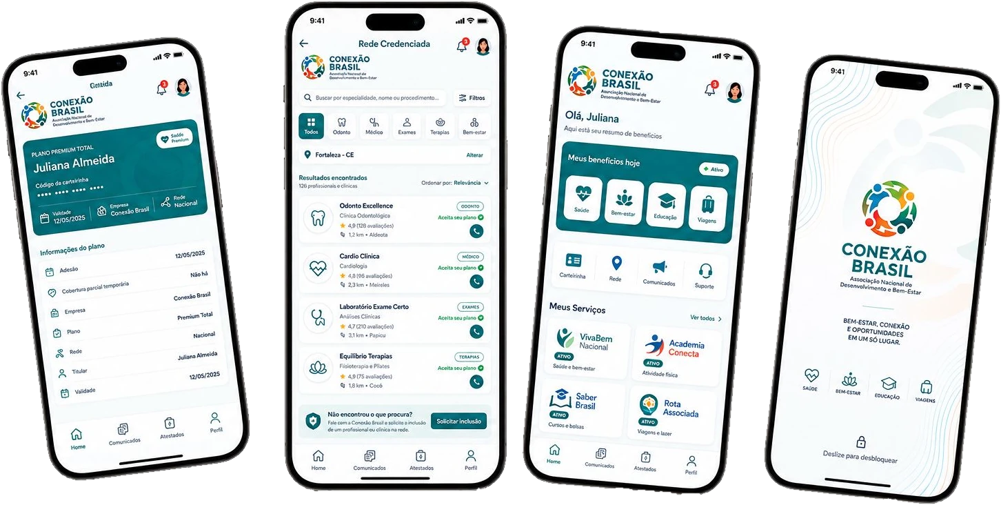 Quatro telas do app com a marca da Conexão Brasil: carteirinha digital do associado, rede credenciada com busca por especialidade e proximidade, resumo de benefícios de saúde, bem-estar, educação e viagens, e tela de abertura com a marca da entidade