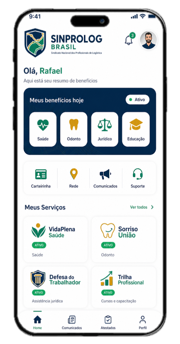 Mesmo app com a marca do Sinprolog Brasil: saúde, odonto, jurídico e educação
